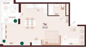 1-к квартира, вторичка, 58м2, 3/7 этаж