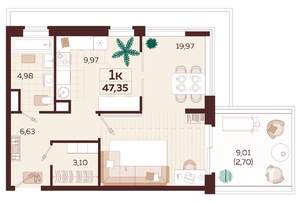 1-к квартира, строящийся дом, 47м2, 3/6 этаж