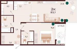 2-к квартира, строящийся дом, 83м2, 7/7 этаж