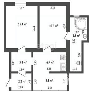 2-к квартира, вторичка, 49м2, 3/3 этаж