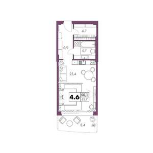 1-к квартира, вторичка, 50м2, 4/6 этаж