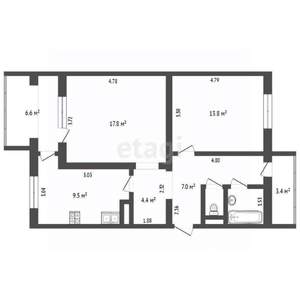 2-к квартира, вторичка, 60м2, 1/9 этаж