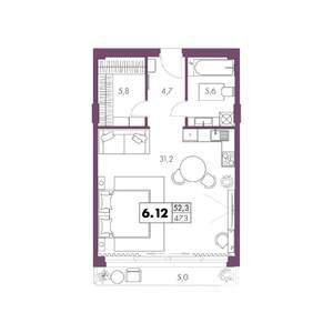 1-к квартира, вторичка, 52м2, 6/6 этаж