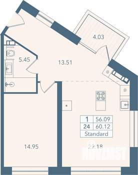 1-к квартира, строящийся дом, 60м2, 2/8 этаж