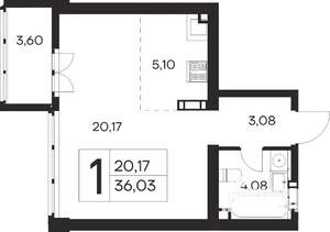 1-к квартира, строящийся дом, 37м2, 17/19 этаж