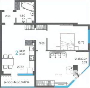 2-к квартира, строящийся дом, 64м2, 15/17 этаж