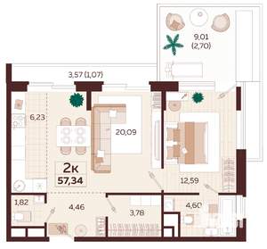 2-к квартира, строящийся дом, 57м2, 2/6 этаж