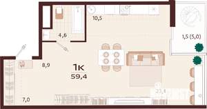 1-к квартира, строящийся дом, 59м2, 5/7 этаж