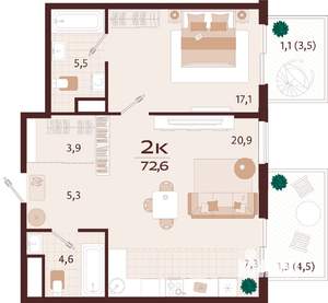 2-к квартира, строящийся дом, 73м2, 2/7 этаж