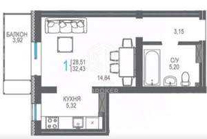 1-к квартира, вторичка, 32м2, 4/20 этаж