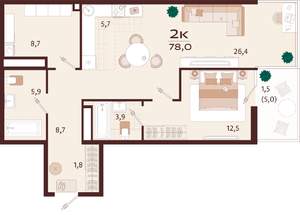 2-к квартира, вторичка, 78м2, 3/7 этаж