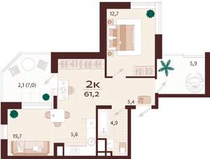 2-к квартира, строящийся дом, 61м2, 2/9 этаж
