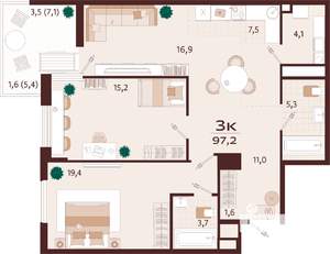 3-к квартира, строящийся дом, 97м2, 5/7 этаж