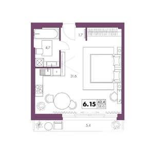1-к квартира, вторичка, 43м2, 6/6 этаж