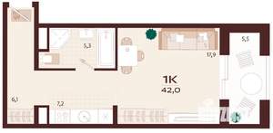 1-к квартира, вторичка, 42м2, 8/9 этаж