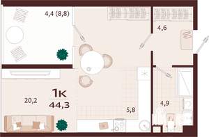 1-к квартира, вторичка, 44м2, 5/9 этаж