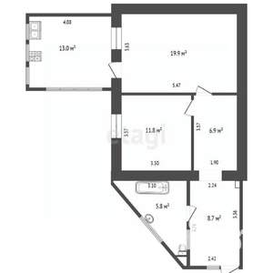 2-к квартира, вторичка, 66м2, 1/2 этаж