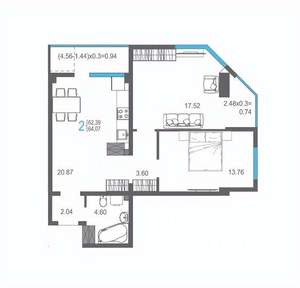 2-к квартира, вторичка, 64м2, 13/17 этаж