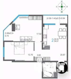 2-к квартира, сданный дом, 63м2, 14/16 этаж