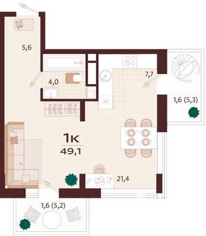 1-к квартира, вторичка, 49м2, 5/9 этаж
