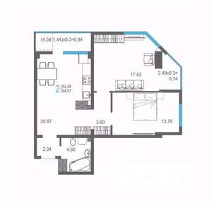 2-к квартира, вторичка, 64м2, 13/17 этаж