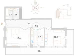 2-к квартира, строящийся дом, 85м2, 4/14 этаж