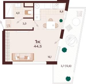 1-к квартира, строящийся дом, 45м2, 7/7 этаж
