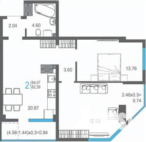 2-к квартира, вторичка, 64м2, 13/17 этаж