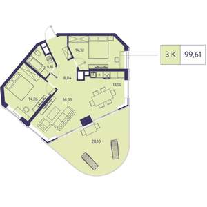 3-к квартира, строящийся дом, 100м2, 2/20 этаж