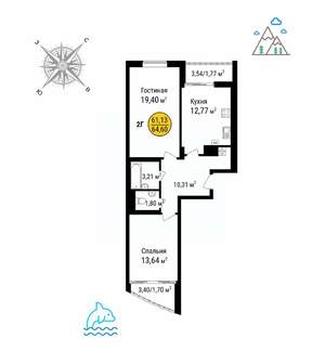 2-к квартира, строящийся дом, 64м2, 1/8 этаж