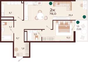 2-к квартира, вторичка, 78м2, 9/9 этаж