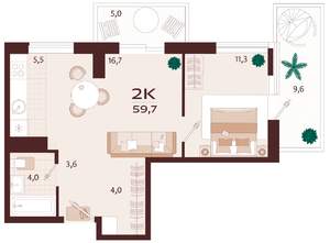 2-к квартира, вторичка, 60м2, 8/9 этаж