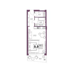 1-к квартира, строящийся дом, 48м2, 5/6 этаж