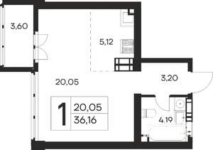 1-к квартира, вторичка, 36м2, 17/19 этаж