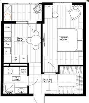2-к квартира, вторичка, 38м2, 6/9 этаж