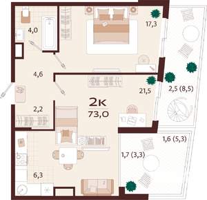 2-к квартира, строящийся дом, 73м2, 7/7 этаж