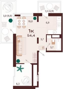 1-к квартира, строящийся дом, 54м2, 4/9 этаж