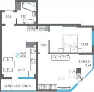 2-к квартира, строящийся дом, 64м2, 13/17 этаж