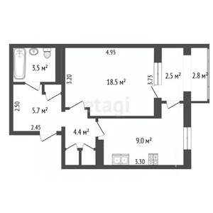 1-к квартира, вторичка, 43м2, 1/5 этаж