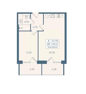 1-к квартира, вторичка, 59м2, 4/8 этаж