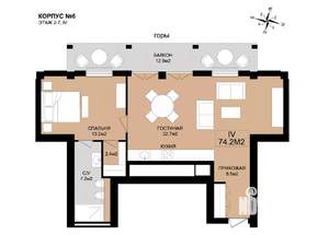 2-к квартира, строящийся дом, 74м2, 7/8 этаж