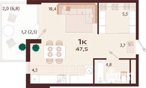 1-к квартира, вторичка, 48м2, 3/7 этаж