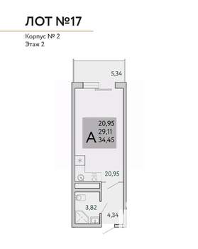 1-к квартира, вторичка, 34м2, 8/9 этаж