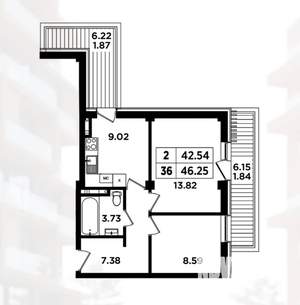 2-к квартира, вторичка, 55м2, 6/8 этаж