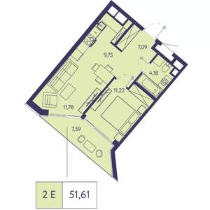 1-к квартира, вторичка, 52м2, 9/20 этаж