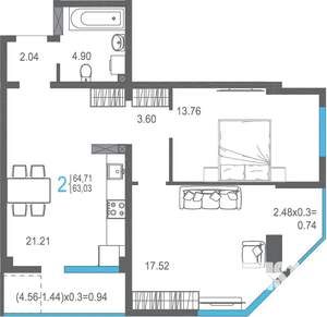 2-к квартира, вторичка, 65м2, 3/16 этаж