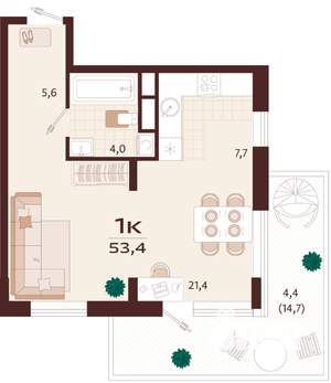 1-к квартира, вторичка, 53м2, 8/9 этаж