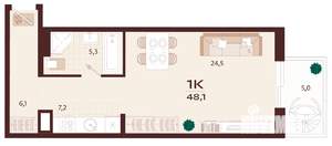 1-к квартира, вторичка, 48м2, 7/9 этаж