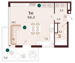 1-к квартира, вторичка, 56м2, 8/9 этаж