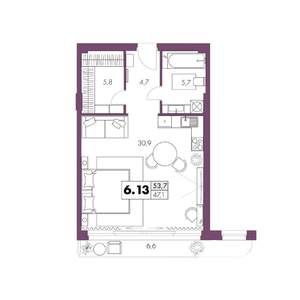 1-к квартира, строящийся дом, 54м2, 6/6 этаж
